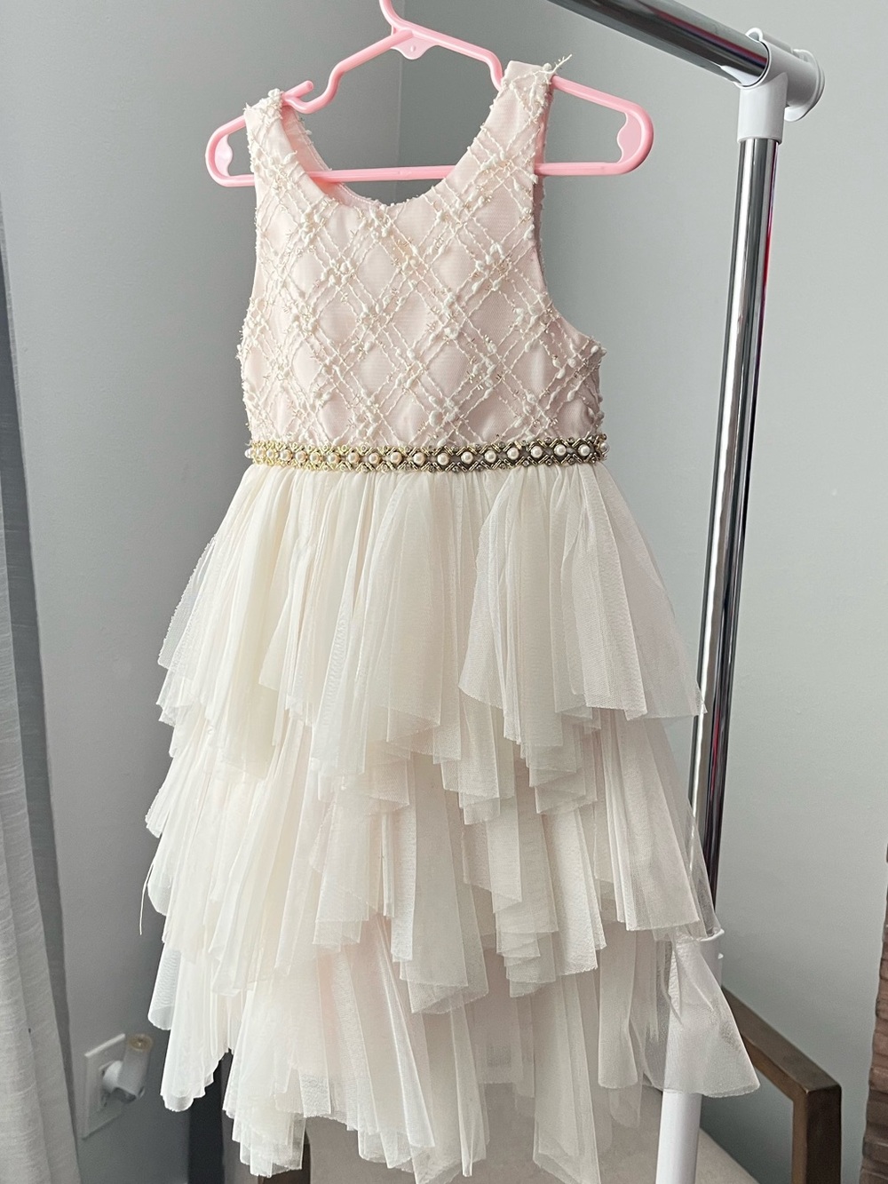 American Princess Ivory and Blush Layered Tulle Dress with Beaded Waist
